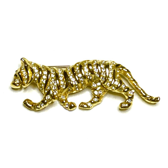 VINTAGE Brooch Clear Rhinestone Tiger Big Cat Vtg Costume Jewelry Pin F024 - Picture 2 of 4